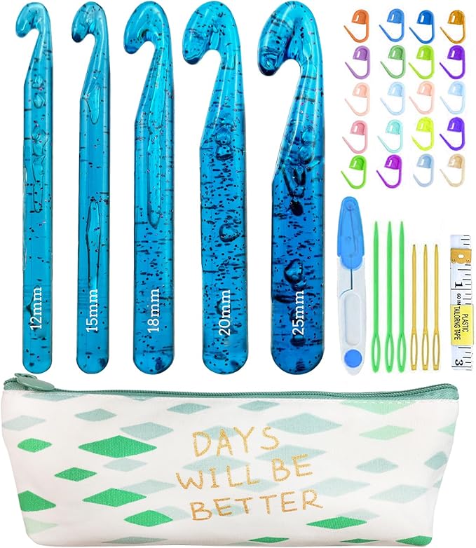 Weabetfu 5 Large Crochet Hook,25mm 20mm 18mm 15mm 12mm Size Crochet Hooks, Large Crochet Hook for Chunky Yarn,24PCS Big Crochet Hooks 10mm-25mm Crochet Needles with Case (Blue)