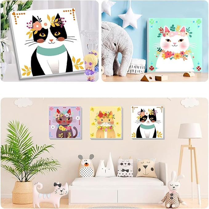 4 Pack Cat Paint by Number for Kids with Wooden Frame, Paint by Numbers for Kids Cats Ages 4-8-12, Easy Cat DIY Acrylic Oil Painting Kits for Home Wall Decor (8X8 inch)