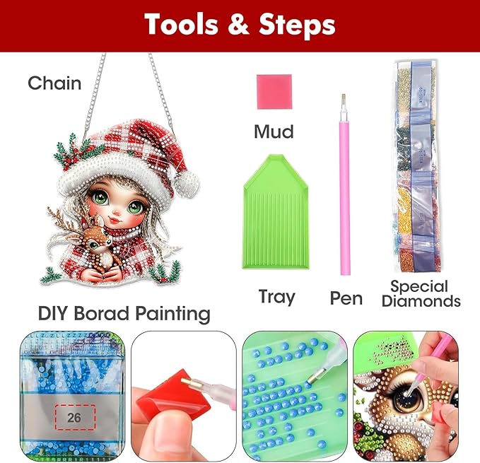 Miwixy Christmas Hanging Diamond Art Kits for Adults,Cute Xmas Deer Special Shaped Crystal Fairy Diamond Painting Ornament Kit DIY Double-Sided Pattern Window Pendant Gem Art Kit for Home Wall Decor