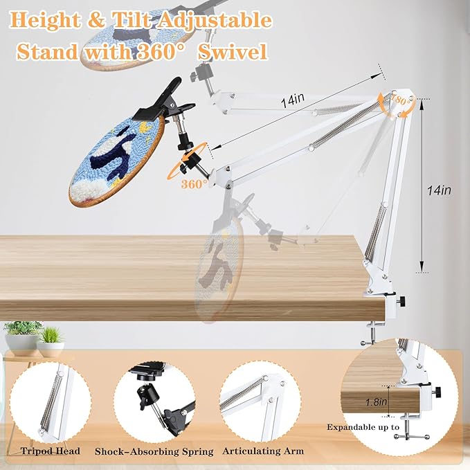 adjustable embroidery hoops stand for hand work,cross stitch frame with 360° rotation,needlework frame, embroidery stand suitable for embroidery kit,3-in-1 hoop/tablet/phone holder desk stand,white