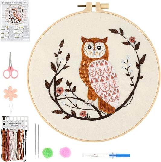 JOINRUN Beginner Embroidery Kit for Adults, Owl Cross Stitch Kits with 7.9" Hoop, Threads, Needles, Learn Stitches with Pre-Printed Patterns, Video Tutorial, DIY Needlework Craft Gift for Women