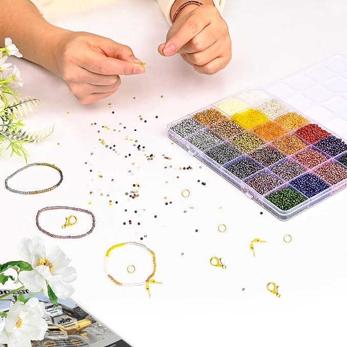 Vtssvow 2mm Glass Seed Beads for Bracelets Making, 24 Colors 22000pcs Friendship Bracelet Making Kit, Small Glass Beads for Jewelry Making (Mix 24 Color, Metallic)