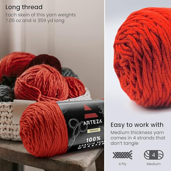 ARTEZA Acrylic Yarn for Crocheting, 4 x 200-g Skeins of Worsted Yarn for Knitting, Red A201, Knitting & Crochet Supplies