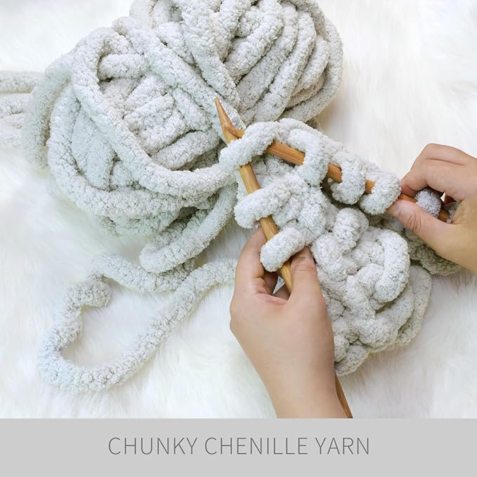 Light Gray Chunky Chenille Yarn for Crocheting Bulky Thick Fluffy Yarn for Knitting,Super Bulky Hand Blanket, Soft Plush Yarn Crochet Carpet/Scarf/Cushion/ 8 Jumbo Pack(63.76oz/197.68yd