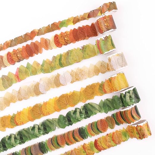 Dizdkizd Fall Leaf Washi Tape Stickers for Card Making, Arts and Crafts Projects, Scrapbooking, Journaling, Collage - 400 Pieces (8 Rolls)