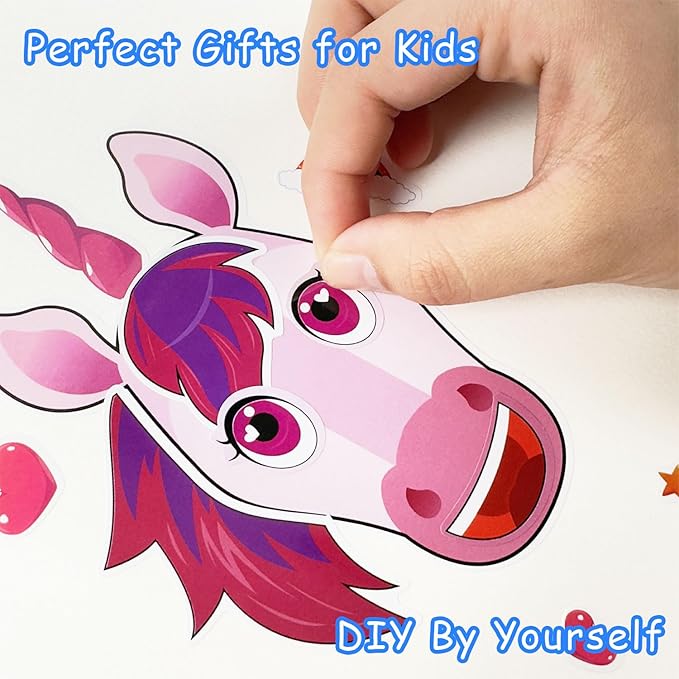 aowplc 42 sheets unicorn make‑a‑face stickers, fantasy party favors, crafts & activities, birthday supplies for kids & girls