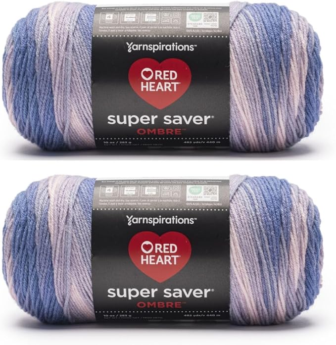 Red Heart Super Saver Ombre Peaceful Yarn - 2 Pack of 283g/10oz - 100% Acrylic - #4 Worsted (Medium) - 482 Yards - Knitting/Crochet