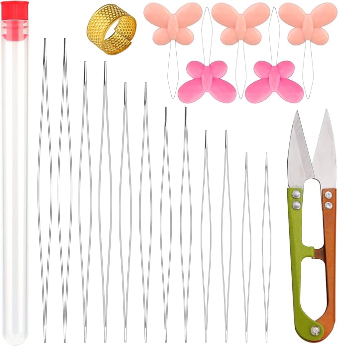 12 Pieces Beading Needles, 6 Size Collapsible Eye Needles for Beading with Needle Bottle, 5 Pcs Bead Needle Threader, Scissors and Thimble for Jewelry Making