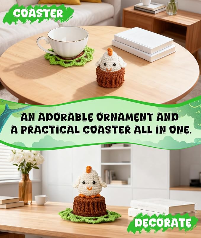 Totiro Crochet Kit for Beginners, Chicken Amigurumi Starter Kit, Easy DIY Craft Set with Step-by-Step Video Tutorials, Coaster Crochet Pattern Learning Kit for Teens Adults Birthday Gift