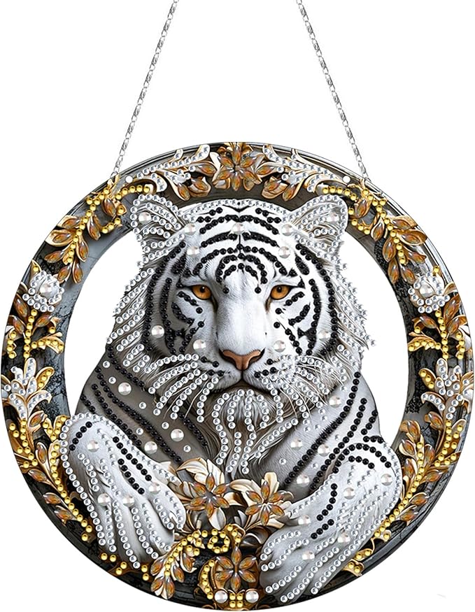 Generic DIY Hanging Diamond Pendant Special Shaped Crystal Diamond Art Painting Ornament Single Sided for Window Home Garden Wall Door Decor-White Tiger