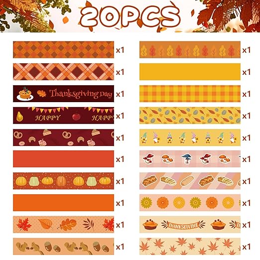 Fall Washi Tape Set 20 Rolls Autumn Washi Tape Autumn Thanksgiving Pumpkin Fall Leaves Decorative Tape for Seasonal Kids DIY Art Crafts Notebook Scrapbooking & Stamping Supplies