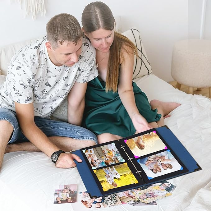ZEEYUAN Journal Scrapbook Memories Photo Book Album 60 Black Pages Vintage DIY Photo Scrap Book Hardcover Scrapbook Gifts for Couples Anniversary Christmas Thanksgiving Valentines Day,Blue