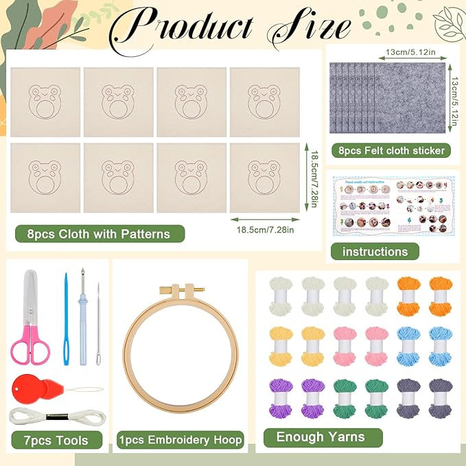 Preboun 8 Pcs Frog Punch Needle Coaster Kit, Punch Needle Embroidery Kits for Adults Beginners, 8 Colors Frog Punch Needle Set Punch Needle Supplies Including Yarns Hoop Tools