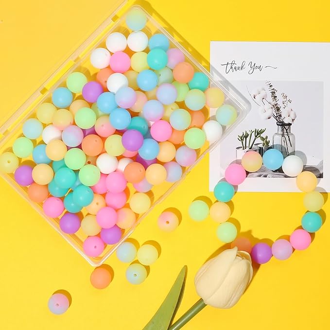 120pcs Richbunnys 15mm Bulk Silicone Beads for Pens and Keychain Making,Large Bead for Necklace and Bracelets Making,Assorted Rubber Beads Set for Crafts(Night Glow)