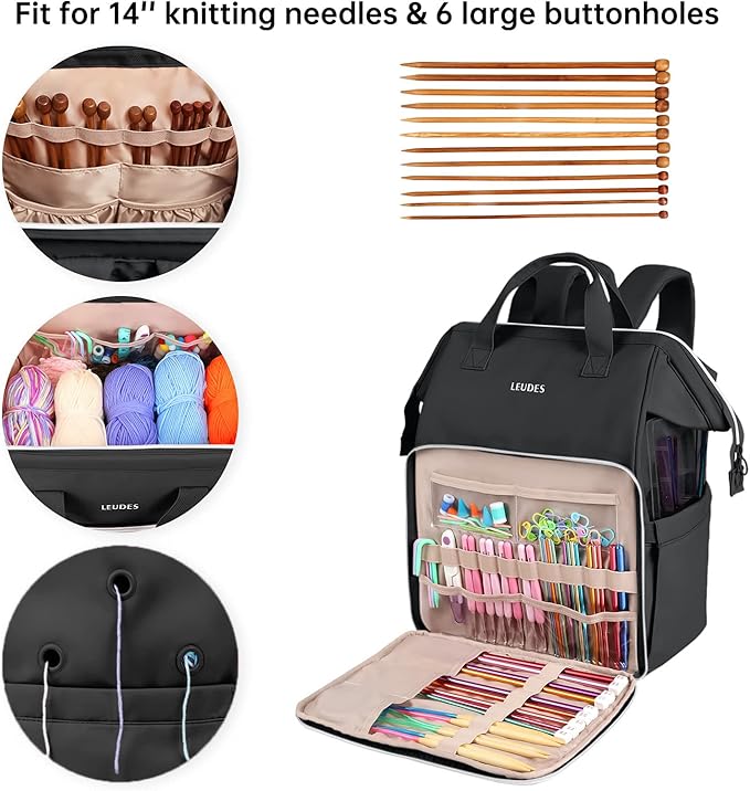 Leudes Knitting Bag Backpack,Yarn Storage Organizer Large Crochet Bag Tote Christmas Gift Yarn Holder Case for Carrying Projects,Knitting Needles (Black)