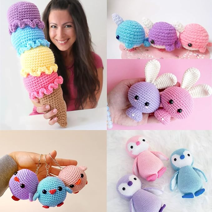 3 Pack Beginners Crochet Yarn Purple Blue Pink Cotton Crochet Yarn for Crocheting Knitting Beginners with Easy-to-See Stitches Cotton-Nylon Blend Crochet Yarn for Beginners Crochet Kit(3x50g)