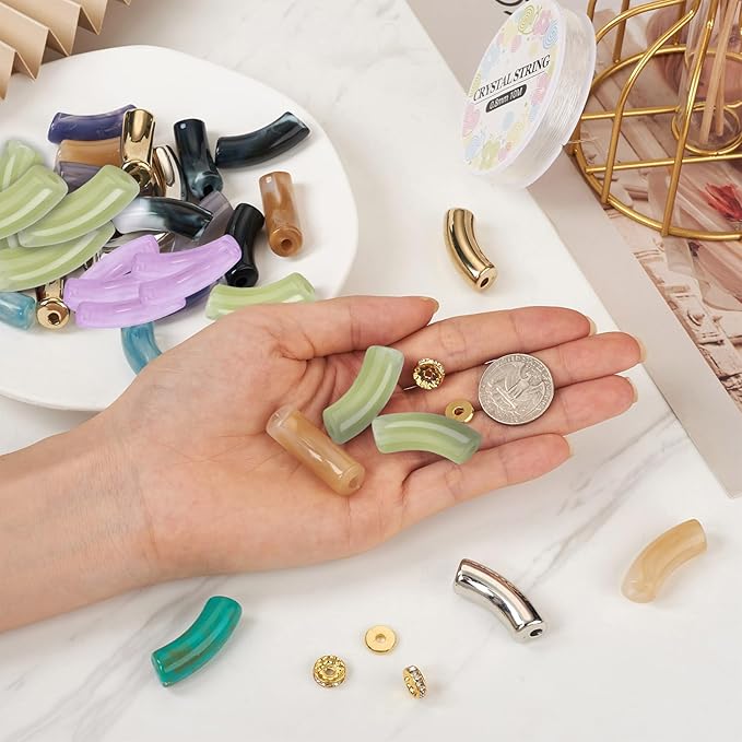60Pcs Chunky Tube Beads with Rondelle Brass Rhinestone Spacer Beads & Elastic Thread & Plastic Tube Beads, Imitation Gemstone Curved Acrylic Tube Beads for Bamboo Bangles Bracelet Jewelry Making