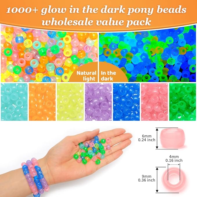 pony beads, multi-colored bracelet beads, beads for hair braids, plastic bead for crafts (medium pack, glow in the dark)…