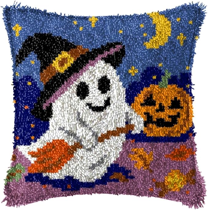 YOOLOOKY Latch Hook Pillow Kits for Adults Beginners Pre-Printed Ghost Canvas Embroidery Cushion for Home Sofa Decoration 17x17inch