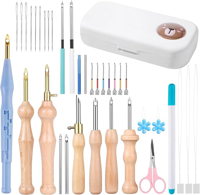 37Pcs Punch Needle Kit for Beginner,Complete Set Includes Wooden Handle Punch Needle Tools in Various Sizes & Storage Case,Perfect for Crafting and Gift(White)