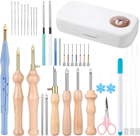 37Pcs Punch Needle Kit for Beginner,Complete Set Includes Wooden Handle Punch Needle Tools in Various Sizes & Storage Case,Perfect for Crafting and Gift(White)