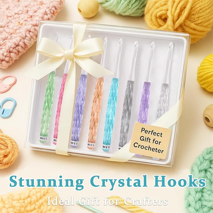8 PCS Crystal Crochet Hooks Set, Colorful Anti-Slip Transparent Plastic Crochet Hook Set(2.5-6mm), Ergonomic Crochet Hooks for Arthritic Hands, Crochet Needles for Beginners & DIY Craft