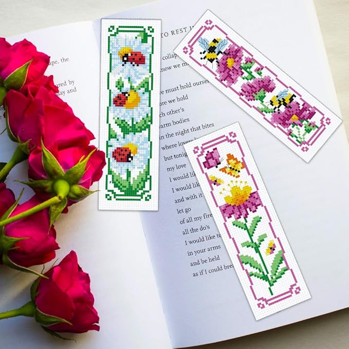 ORIGACH 6 Pcs Cross Stitch Bookmark Kit for Beginner Adults, Flowers and Butterflies Stamped Embroidery Bookmark Kit with Instruction for Starters Printed Cross Stitch DIY Kits for Book Lovers