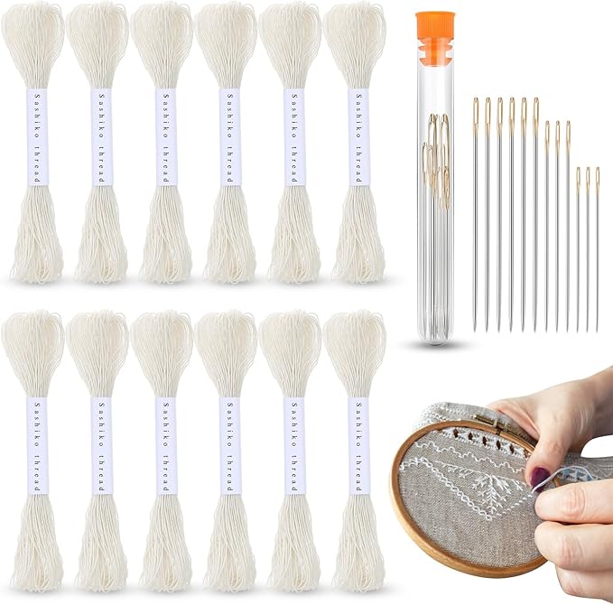Zeyune 12 Skeins White Sashiko Thread Kit 100% Cotton with Sashiko Needles 20m(21.8yds) Thread for Hand Quilting and Embroidery Projects Pick Stitching Denim