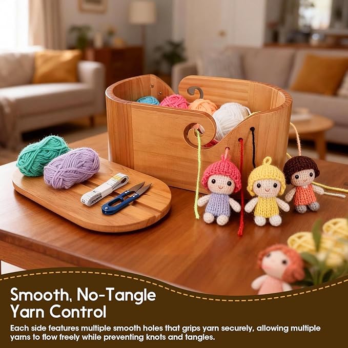 Large Wood Yarn Bowl with Lid, Crochet Yarn Holder with 7pcs Knitting Hooks, No-Tangle Design, Yarn Storage Crochet Bowl Knitting at Home, Café, Park, Craft Gatherings Rectangle