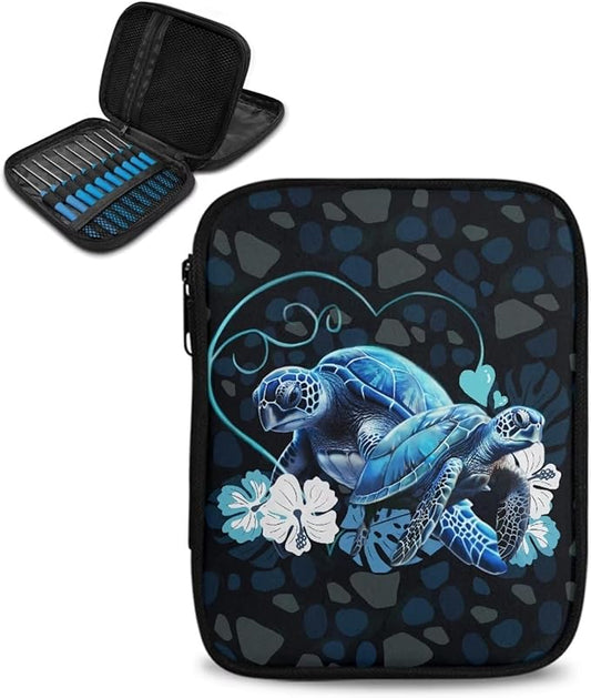 Hechitok Turtle Flower Crochet Hook Case, Zipper Storage Organizer Bag with Web Pockets for Crochet Needles/Knitting Accessories/Crochet Hook Kit Tools Easy to Hold