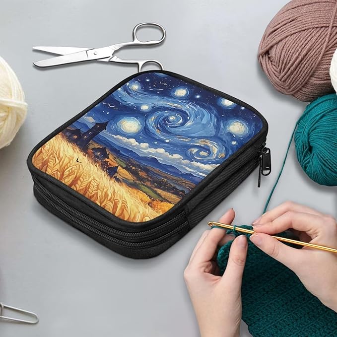 Hechitok Starry NightKnitting Needles Case Empty Zipper Bags Organizer Portable Travel Crochet Hook Storage Bag with Web Pocket for Carrying Various Crochet Needles