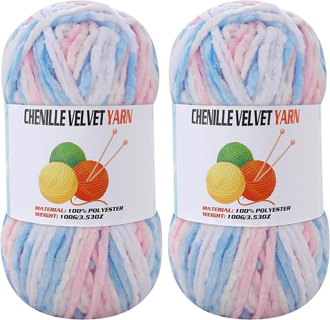 2 * 100g Velvet Chenille Chunky Yarn, Handcrafts Weaving Soft Chenille Yarn for Crocheting Clearance, Used for Making Baby Yarn Blanket, Clothes, Knitting Creations (Colorful - B)