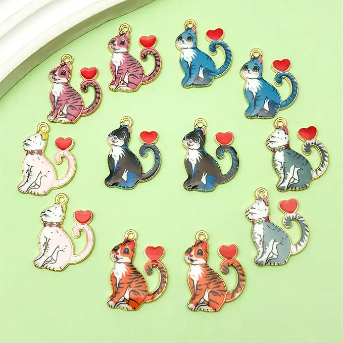 24pcs alloy enamel printed cat series Pendant Jewelry Making DIY Keychain Earrings Pendant Various Design Charms for Jewelry Making Bracelets Necklace (SN941)