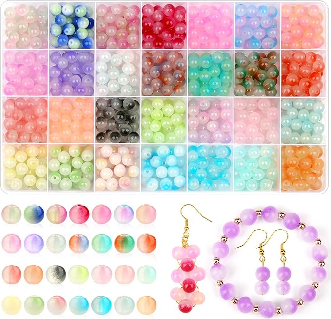 shynek 700 Piecess 8mm Glass Beads for Jewelry Making, 28 Bicolors Glass Crystal Beads Bracelet Making Kit for Bracelet Jewelry Making and DIY Crafts (GGB-8)