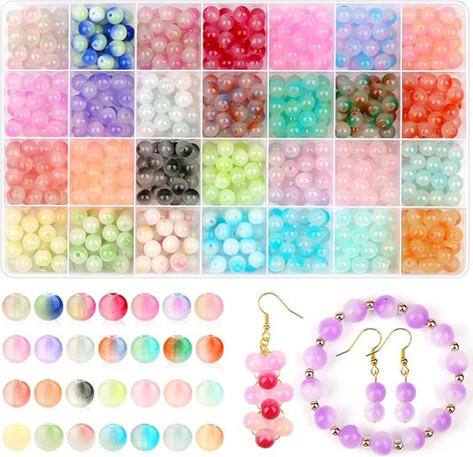 shynek 700 Piecess 8mm Glass Beads for Jewelry Making, 28 Bicolors Glass Crystal Beads Bracelet Making Kit for Bracelet Jewelry Making and DIY Crafts (GGB-8)