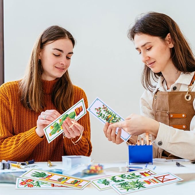 ORIGACH 6 Set Green Plants Cross Stitch Bookmark Kit for Beginner with Backing Felt Floss Instructions DIY Stamped Embroidery Bookmark Kit for Adults, Book Lovers