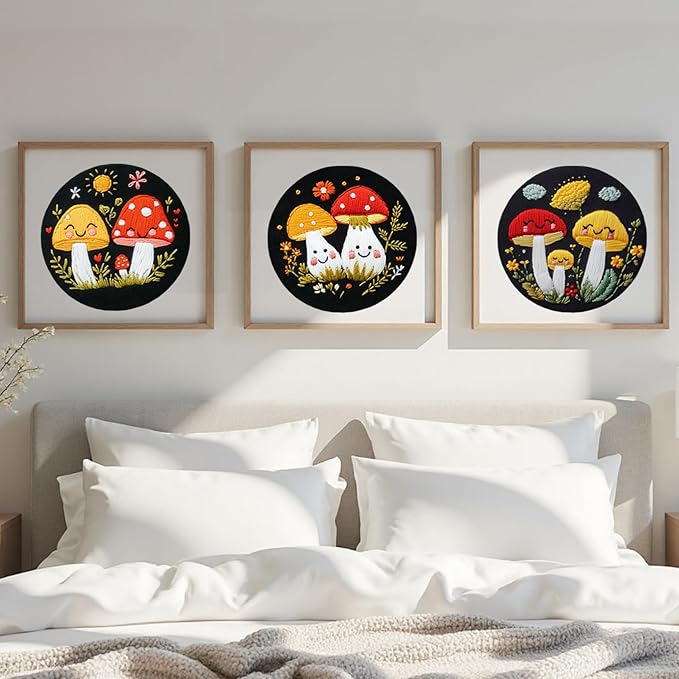 57lilina embroidery kit for beginners, pack of 3 with hoops, threads, needles - starter cross stitch supplies for adults, gift for relaxation craft lovers, mushroom theme