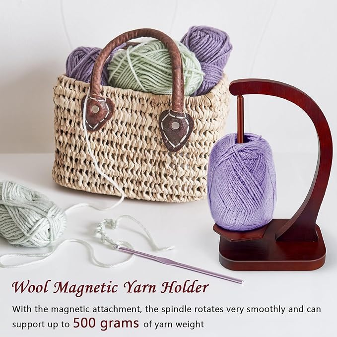 JUCPASH Yarn Holder for Crocheting and Knitting, Wooden Yarn Spinner with Magnetic Rotating Mechanism and Anti-Slip Pads, Crochet Accessories Birthday Gifts for Women Mom Wife Grandma Mother (Brown)