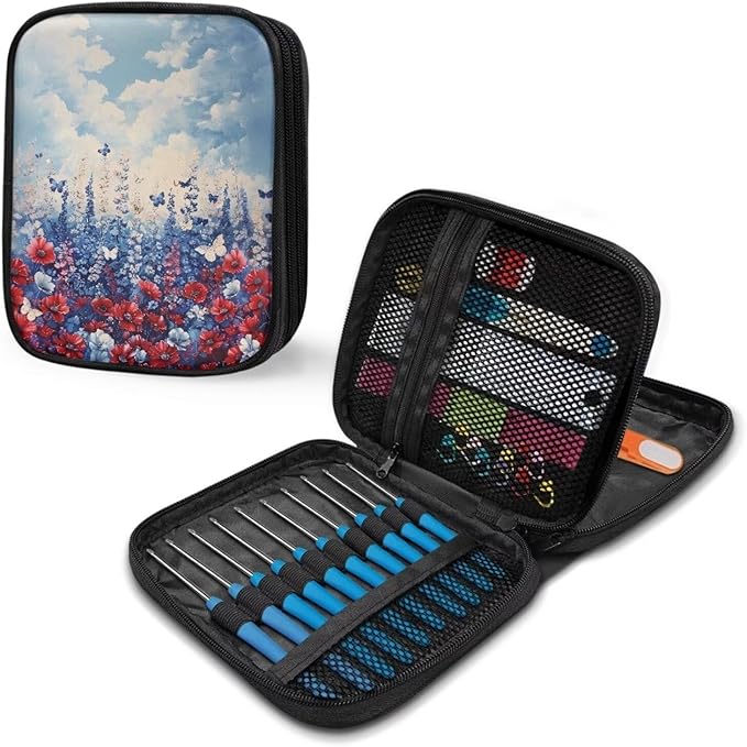 Hechitok Red Blue Flower Crochet Hook Case Organizer Stand Up Holder for Knitting Supplies