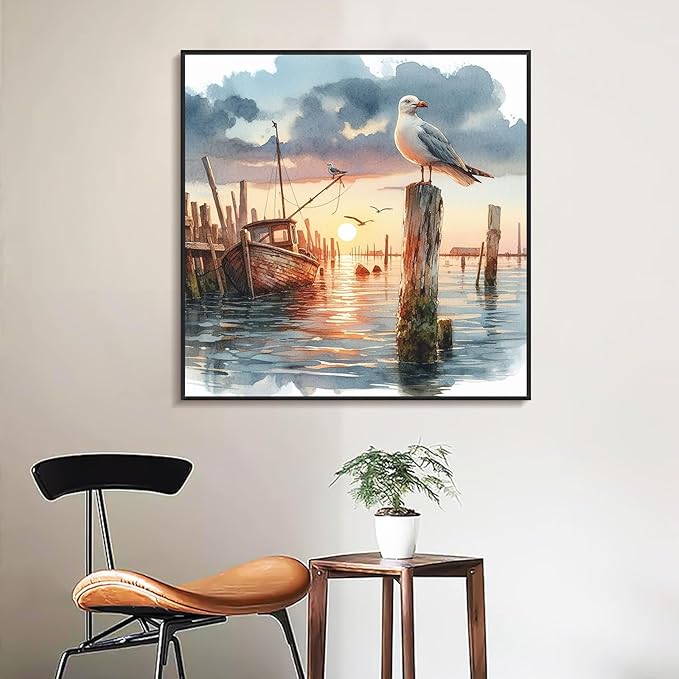 Yezavesu Framed Paint by Numbers Kit for Adults Beginner & Kids Ages 8-12, Seagull Paint by Numbers Without Easel, DIY Number Painting for Adults Sunset for Home Wall Decor Gift 10x10 inch