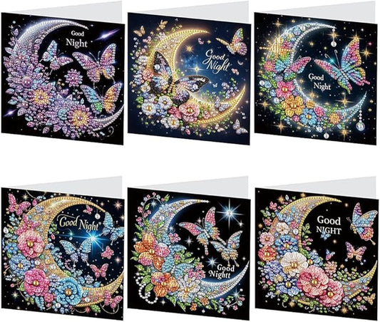 6 Pack 5D DIY Diamond Painting Moon Butterfly Greeting Card Kit, Diamond Art Christmas Birthday Holiday Greeting Card, Art Crafts Kit Creative Gift with Envelope