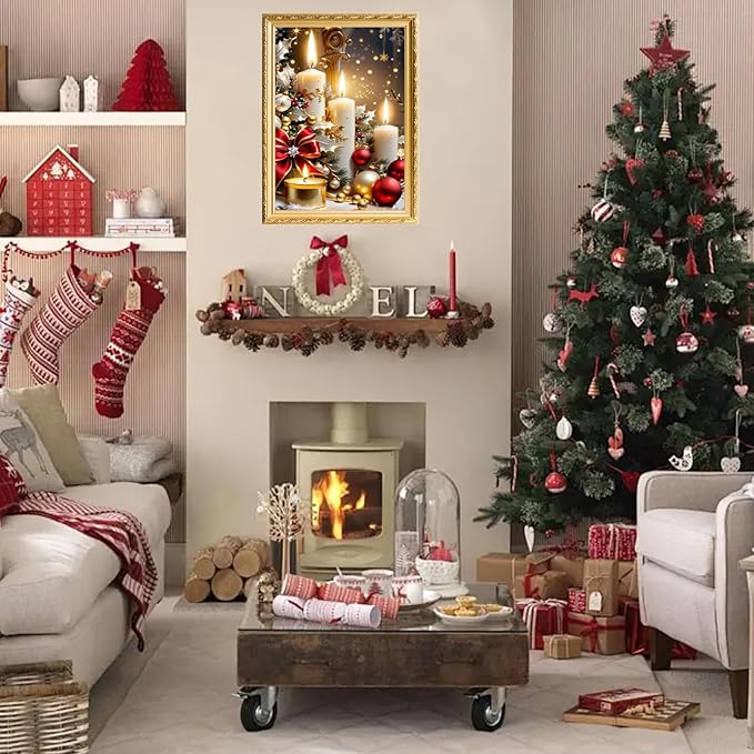 MUNORIAY Christmas Diamond Painting Kits for Adults, Christmas Candle Diamond Art Kits for Beginners, 5D DIY Xmas Full Drill Diamond Dots Gem Art Crafts Kits for Wall Home Decor 12x16 Inch