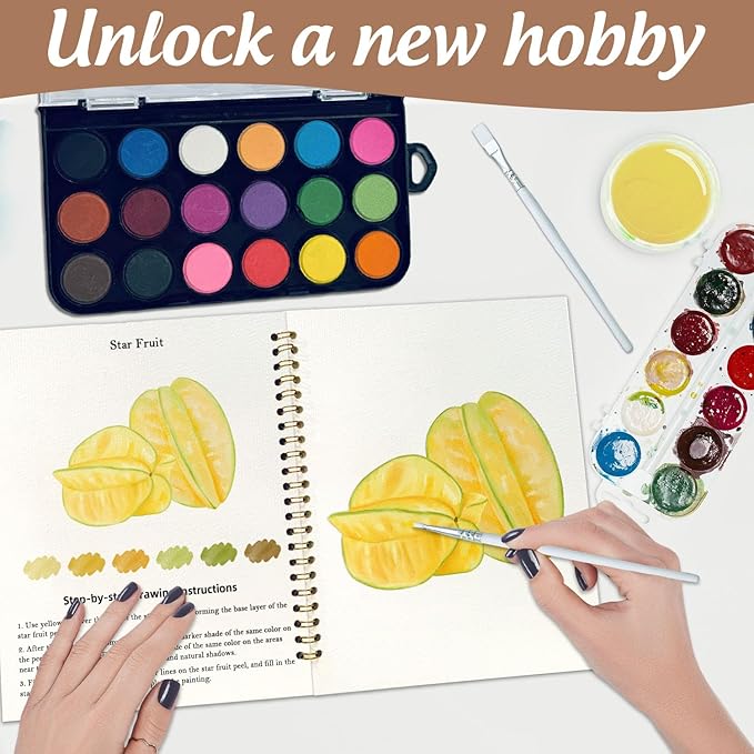 Watercolor Workbook, Water Coloring Book, 12 Different Patterns of Original DIY Designs, 18 Colors Watercolor Paint Set, Beginner-Friendly Watercolor Workbooks (Fruits), Perfect Gifts for Adults