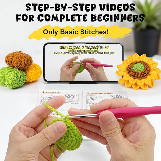 Totiro Crochet Kit for Beginners, Sunflower Amigurumi Starter Kit, Easy DIY Craft Set with Step-by-Step Video Tutorials, Flower Crochet Pattern Learning Kit for Teens Adults Birthday Gift with Lanyard