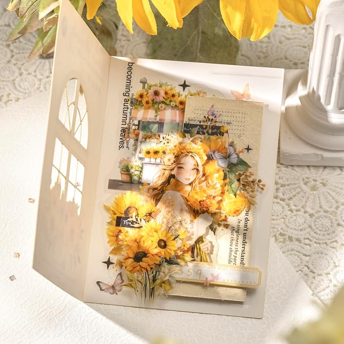 TIAMECH Journey to The Light PET Stickers - 180 Pcs Sunshine Sunflower Landscape Design, Waterproof Sticker for Journaling & Scrapbooking, Junk Journal Supplies, Ephemera & DIY Crafts