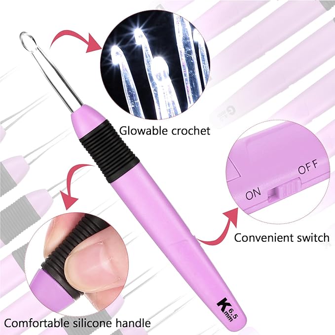 Chuangdi 9 Pieces Lighted Crochet Hooks with Case 9 Size LED Light Crochet Hooks Set Knitting Needles Craft Yarn Weaving Needles Comfortable Smooth Handle for Knitting, 2.5 mm-6.5 mm(Pink)