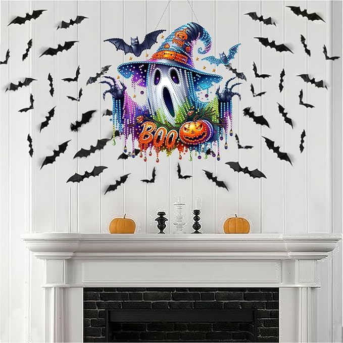 Diamond Art Hanging Kits for Adult, Ghost Crafts Decor 5D DIY Acrylic Diamond Art Painting Ornaments, Window Pendants Wall Hanging Kits for Home Garden