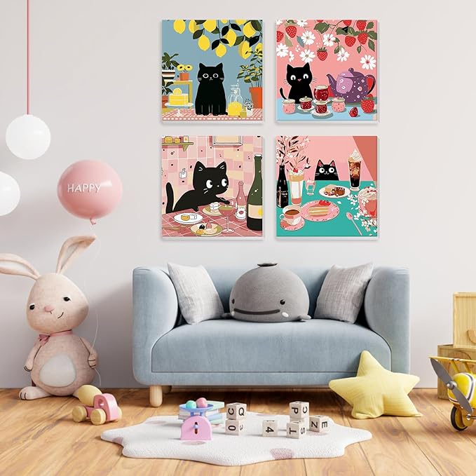 4 Pack Paint by Numbers Kit for Kids Beginner with Wooden Frame, Funny Black Cat, Paint by Numbers Kit for Adults, Black Cat Birthday Cakes And Flower, DIY Painting Kits for Home Wall Decor 8x8 inch