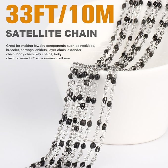 33 Feet Stainless Steel Enamel Chains Bulk, 2mm 304 Stainless Steel Black Enamel Beaded Cable Link Chain Roll Spool for Jewelry Making