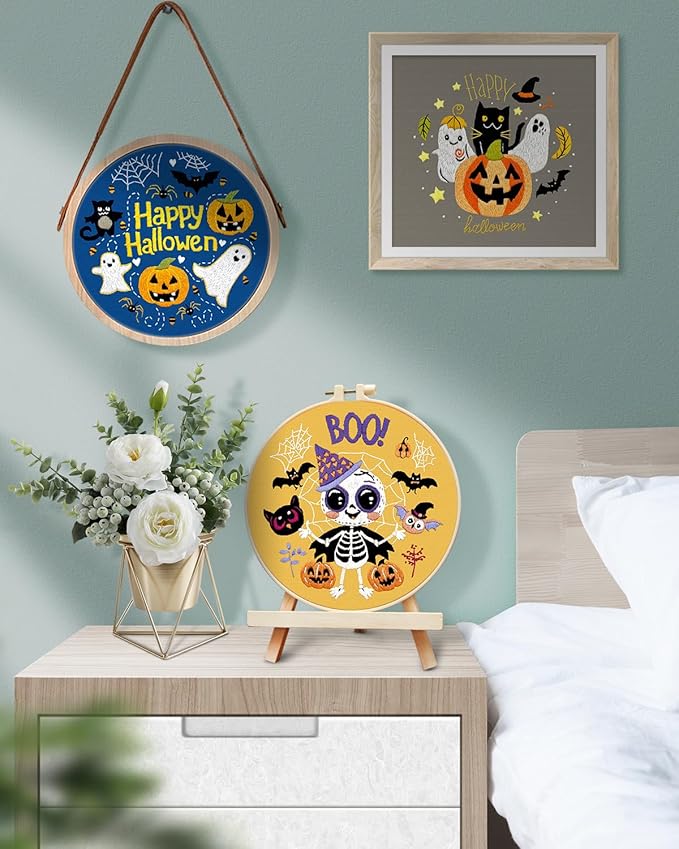 TINDTOP Halloween Embroidery Kit for Adult, 3 Pack Embroidery DIY Starter Kit, with Stamped Patterns, Hoop, Tools, Colorful Threads with Needles, Instructions